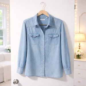 ✨ Orvis Western-Inspired Chambray Shirt Pearl Snap Look 100% Cotton Size M